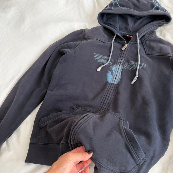 Topo Ranch Angel Wing Zip Up Hoodie Navy Blue Y2K Skate Size M - Picture 4 of 9